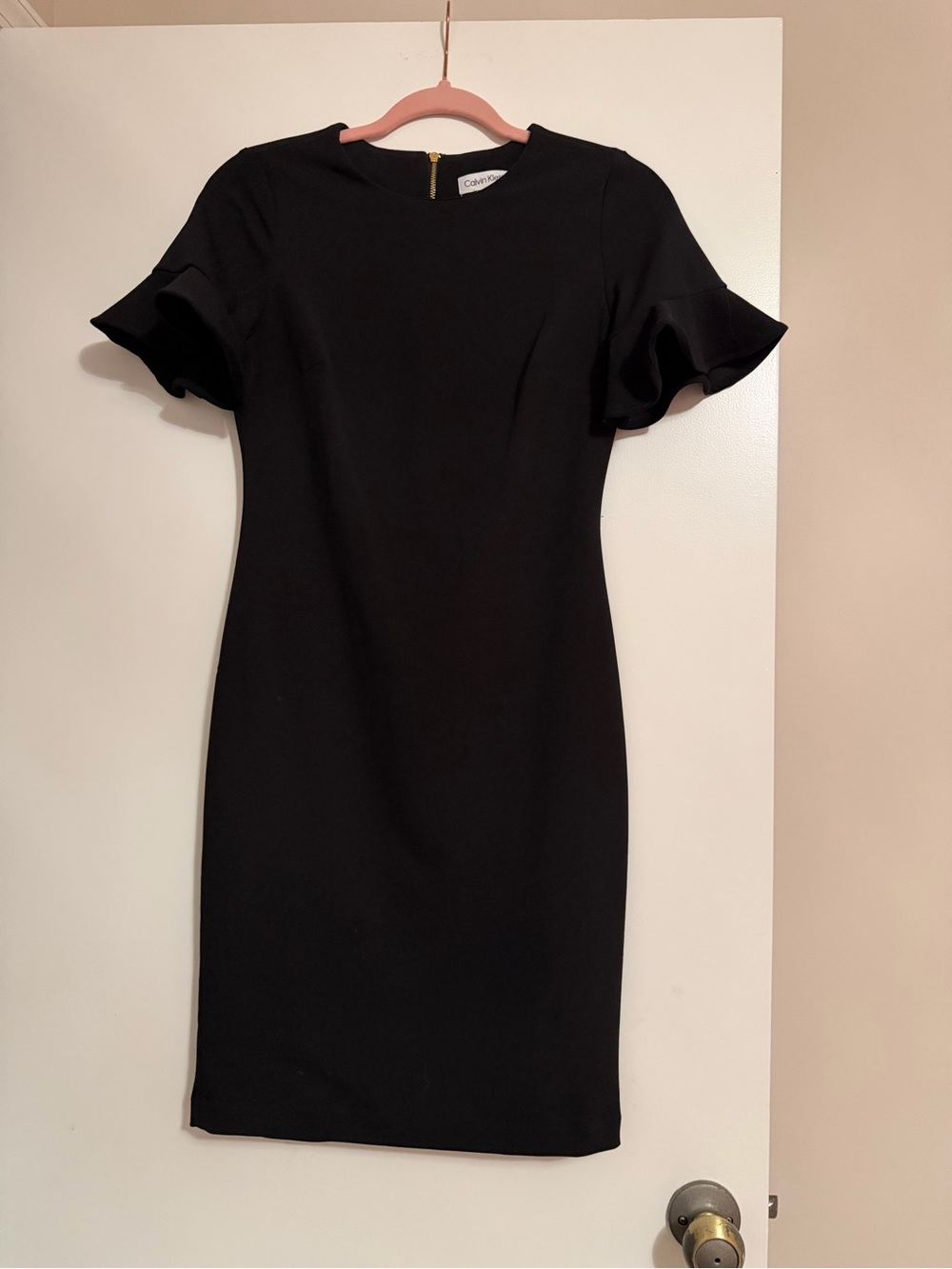 Calvin Klein Black Ruffle-Sleeve Midi Sheath Dress